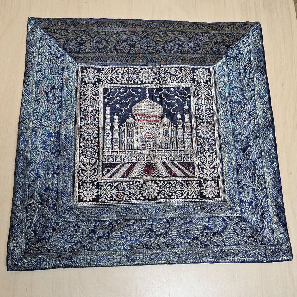 Taj Mahal Embroidered Square Silk Tapestry Pillow Cover17" X 17" Blue & Gold Des